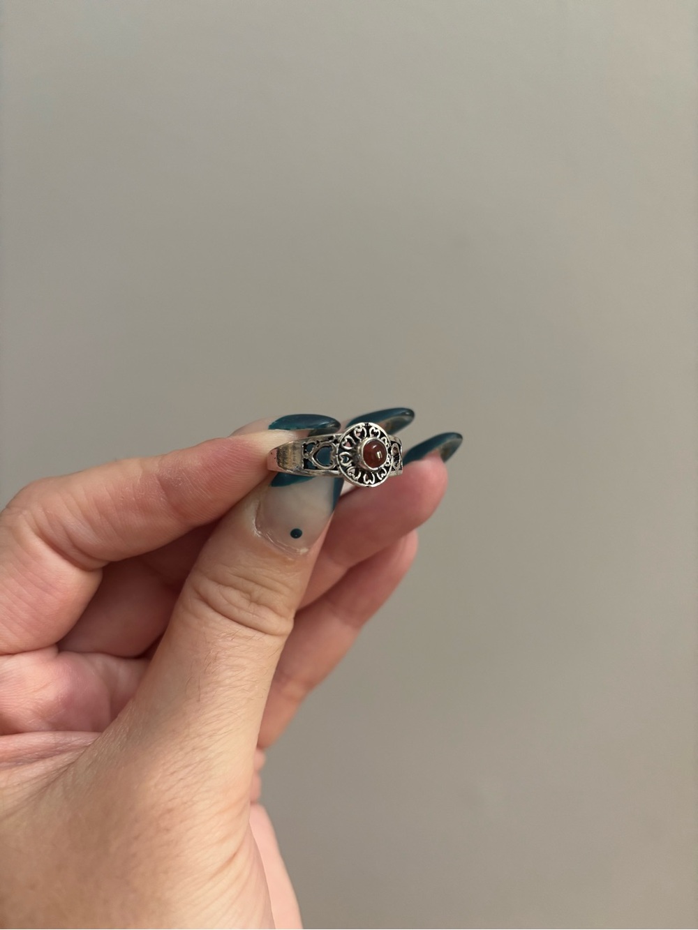 Silver Tone Ornate Heart Design Red Gem Ring